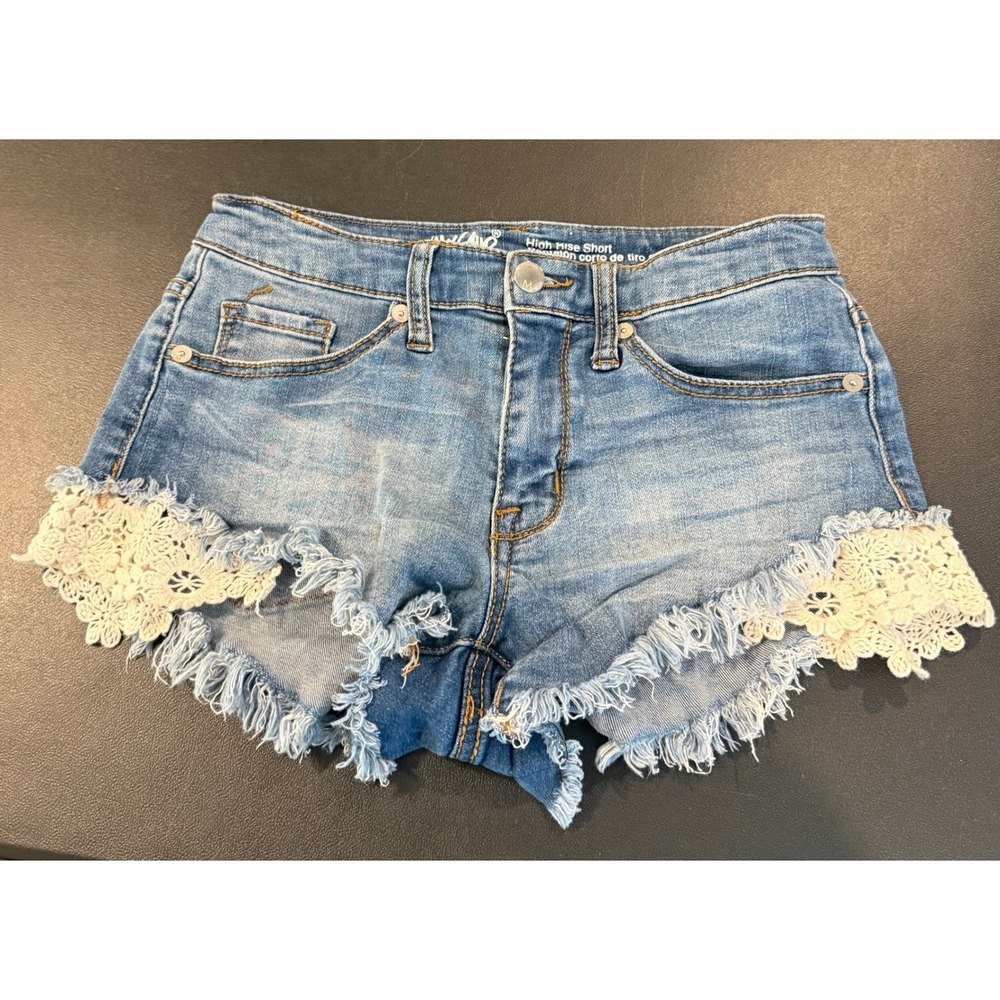Mossimo Womens 0/25 Denim Shorts Blue High Rise Lace Trim Frayed Hem Boho Hippie